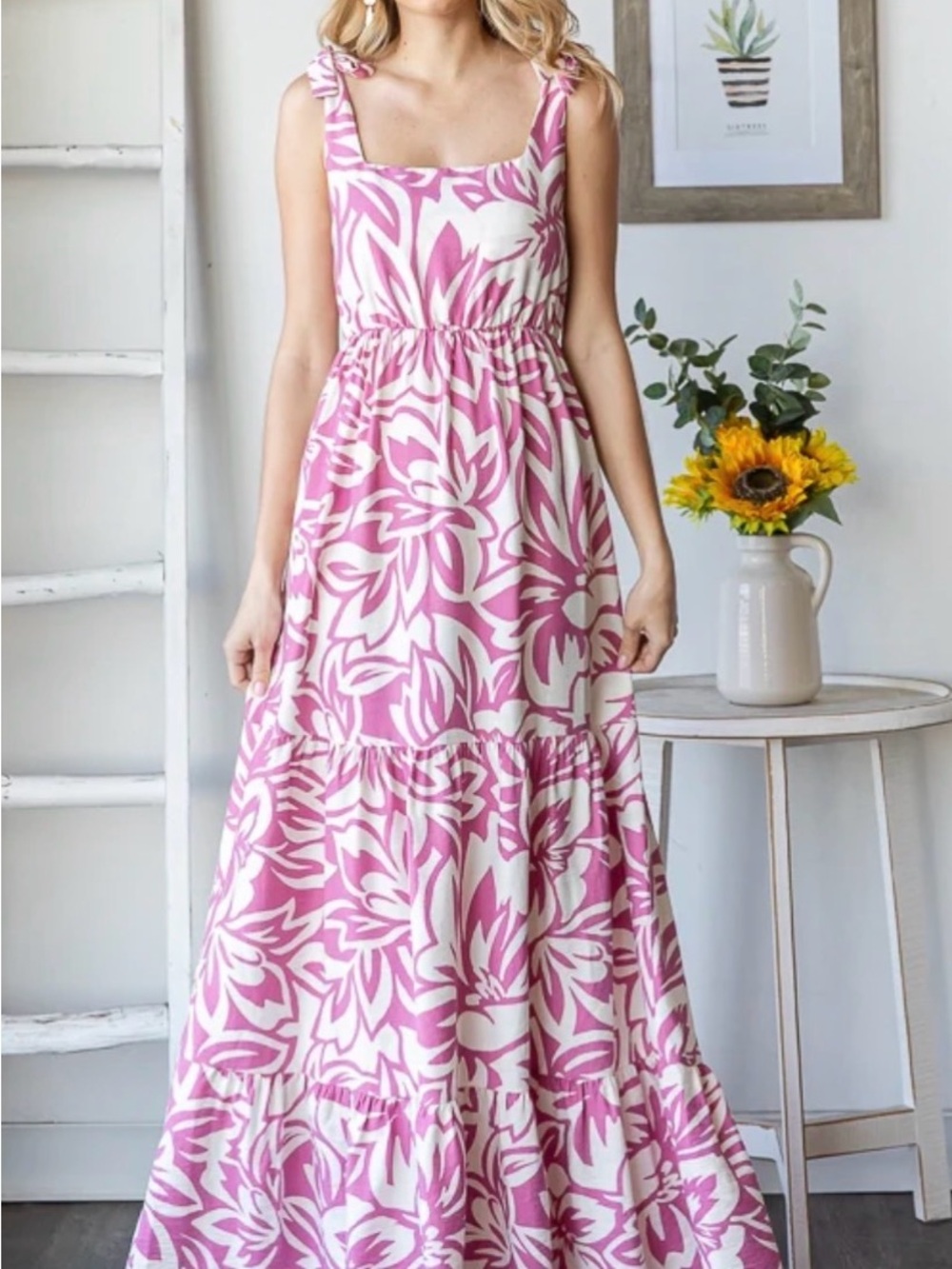 Floral Square Neck Tiered Shoulder Tie Maxi Dress
